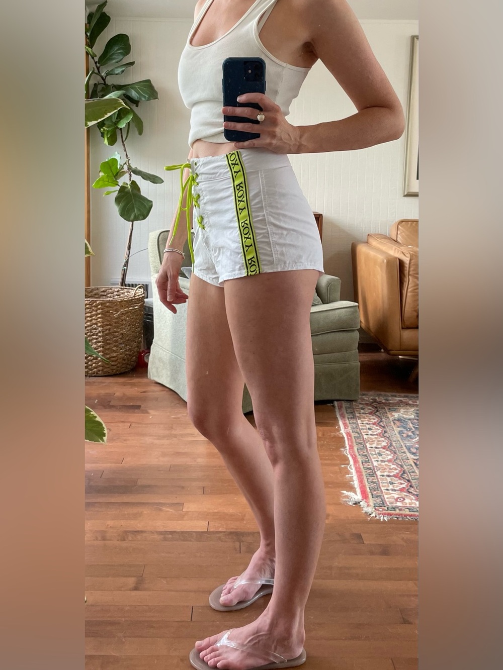 Y2K Roxy White Board Shorts with Neon Yellow Lace-Up Detail